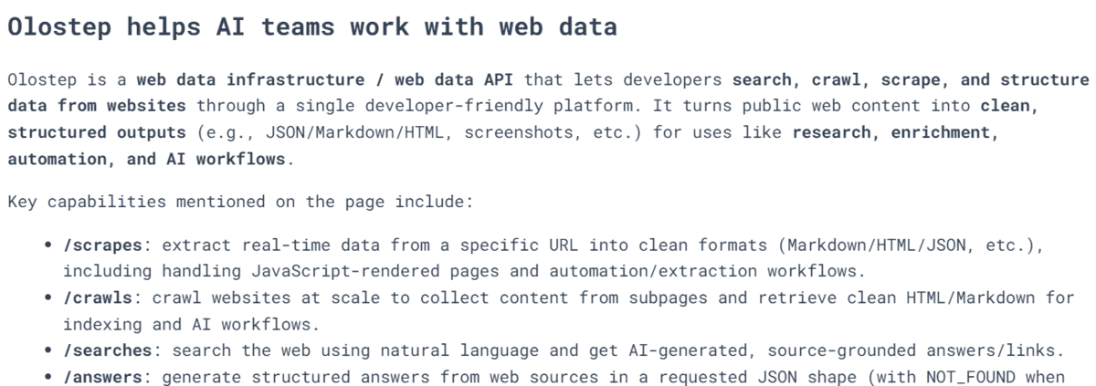 How to Build a Simple AI Web Scraper with Python 4 AI web scraper output answering what the company does